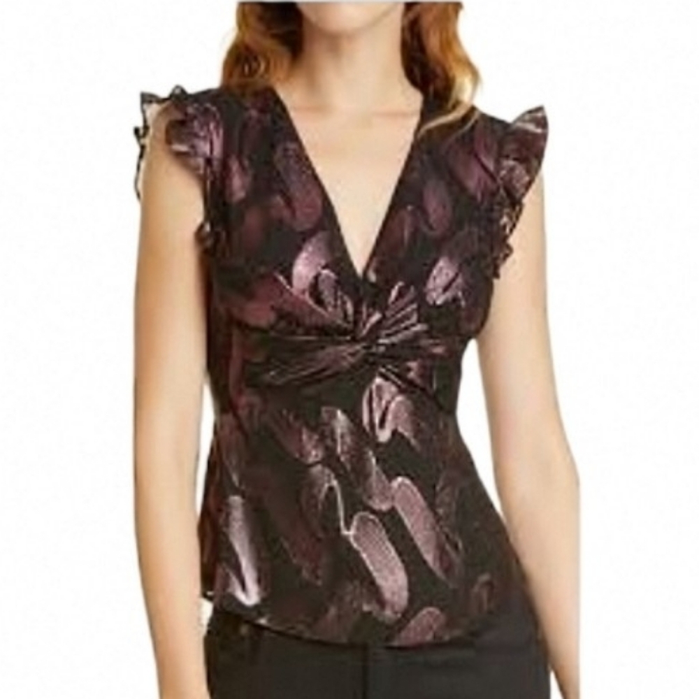 Rebecca Taylor Purple Lurex Jaquard Ruched V-neck Ruffle Cap Sleeve Peplum sz 0